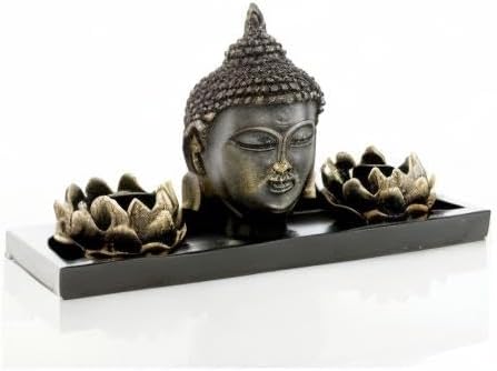 MyGift Black Buddha Head Sculpture Zen Garden Set with Lotus Tealight Candle Holders and Wooden Display Tray, Decorative Tabletop Home Accent