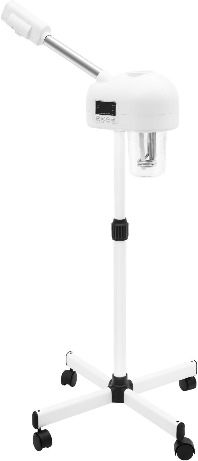 Facial Steamer with Adjustable Height, Ozone Hot Mist Nano Ionic Face Steamer for Deep Cleansing Hydration, LCD Timer 360 Rotating Arm, with Rolling Wheels and Removable Tank, for Home Salon Spa