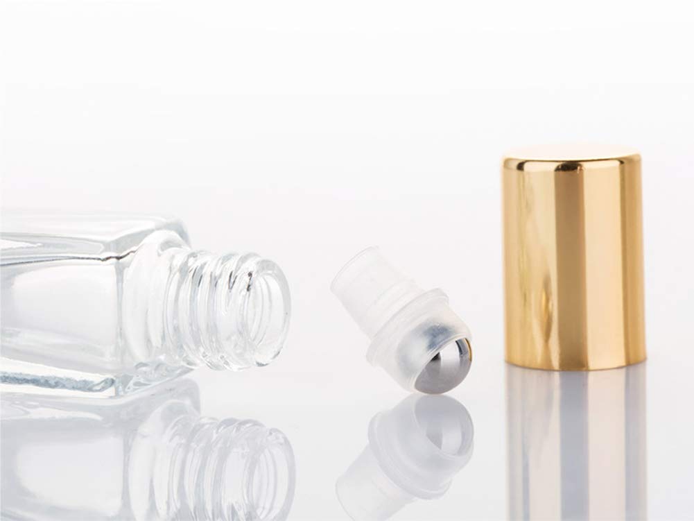 3ml Square Glass Roller Bottle For Essential Oils,Mini Glass Bottles With Stainless Steel Roller Balls,Gold Aluminum Caps Portable Roll-On Vial Aromatherapy Perfume Container-10 Pack