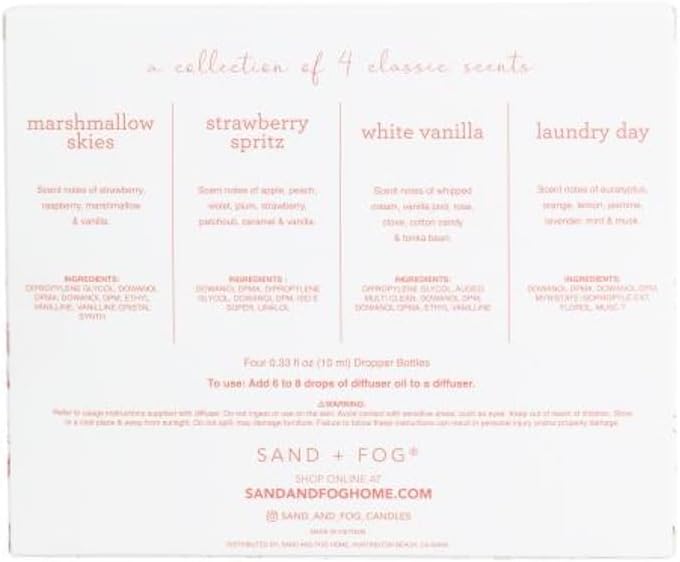 Sand + Fog Diffuser Oils, 4 Classic Scents, Marshmallow Skies, Strawberry Spritz, White Vanilla, Laundry Day, 0.33 fl oz Each