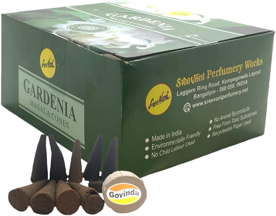 Sreevani Natural Masala Incense Cones and Holder Bundle, 120 Cones Total, Gardenia