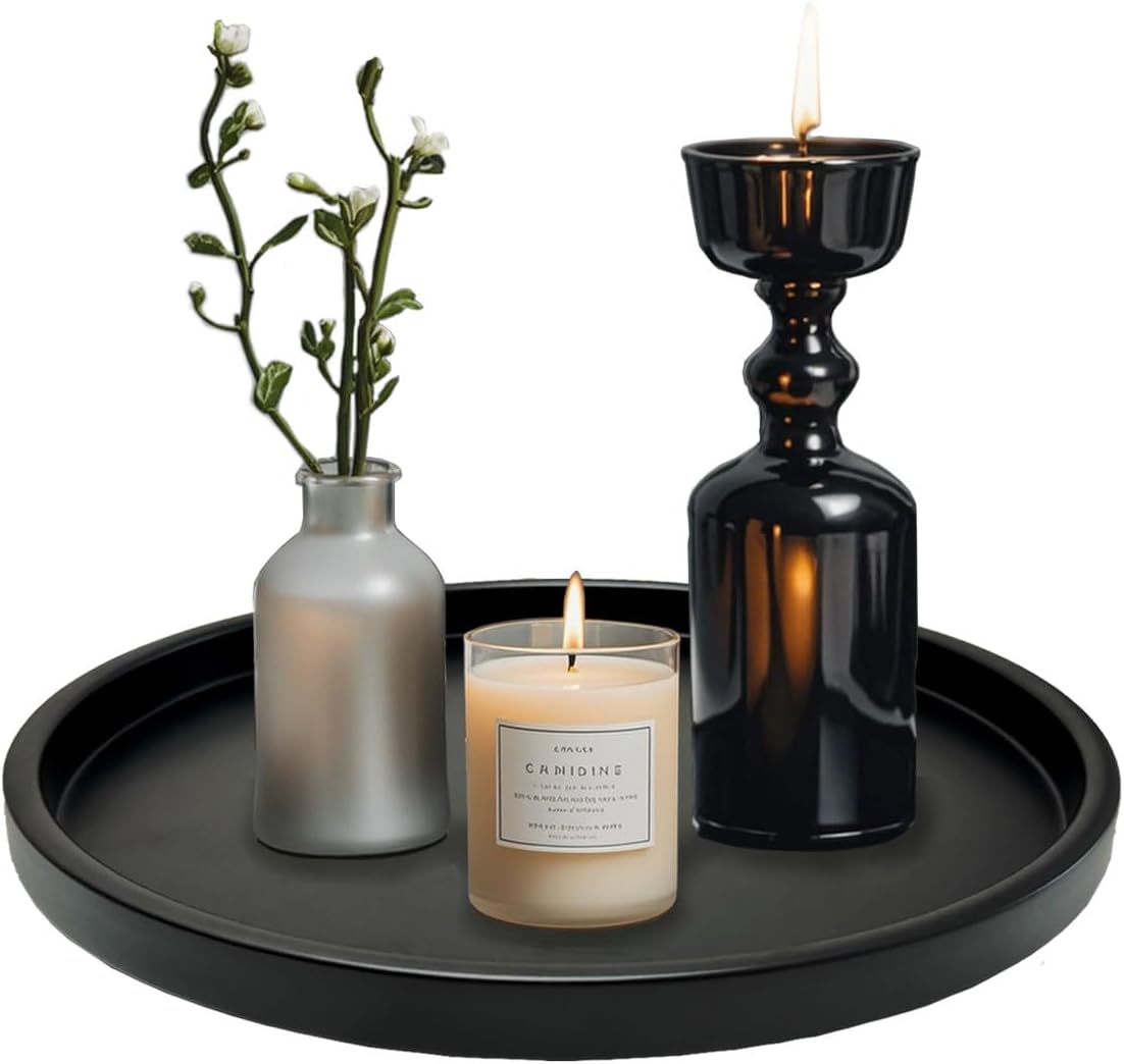 Round Black Metal Candlestick Tray, Decorative Serving Tray, Candle Holder Tray for Wedding Table, Dinning Table Decorations(11.5 inches)