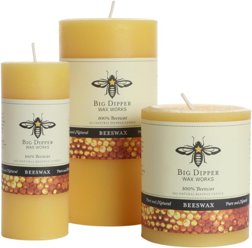 Big Dipper Wax Works 100% Pure Beeswax Pillar Candles (1 Pack) – 3" x 6" Handmade in USA, Long Burning Clean Soot-Free, Natural Honey Aroma, Eco-Friendly Cotton Wick, Home Décor & Meditation