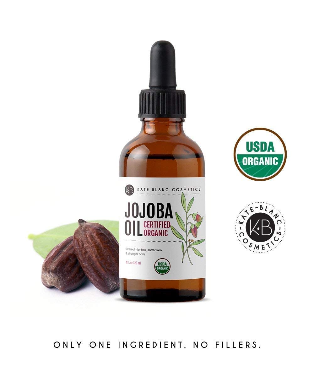 Kate Blanc Cosmetics Organic Jojoba Oil for Hair, Skin, Face, Nails (2oz) - USDA Certified, 100% Pure Cold Pressed Unrefined - Moisturizing Carrier Oil for Gua Sha, Dermaplaning, Body - Glass Bottle