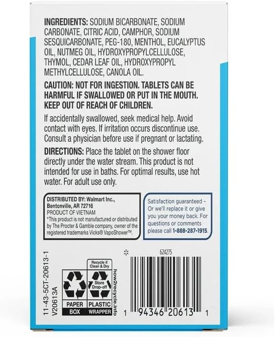 Equate Vapor Shower Tablets, Eucalyptus & Menthol Scent, Non-Medicated Aromatherapy Steamers with Essential Oils, 5 Count