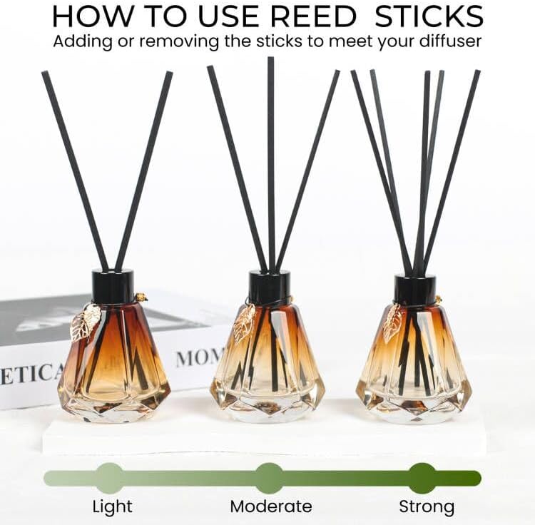 Reed Diffuser Set - 4 Empty Bottles with 20 Sticks, Delicate Gold Leaf Decor, Glass Fragrance Diffuser with Lids for Home, Bathroom | Refillable, Diamond Style (4 PCS Black)