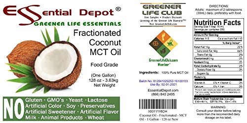 Coconut Oil - Fractionated - MCT (medium-chain triglycerides) - 1 Gallon (128 oz) - liquid - Food Grade - Safety Sealed Resealable HDPE Container, Microwave Safe (remove foil seal), Freezer Safe