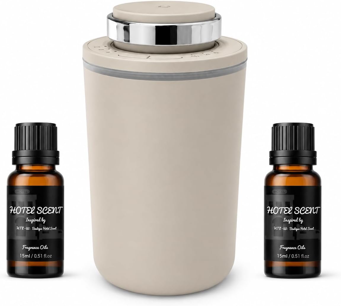 XEITIN Waterless Essential Oil Diffuser with 2 x 15mL Hotel Scent Fragrance Oil, Mini Scent Air Machine Portable Diffuser for Car Office Home (Khaki)