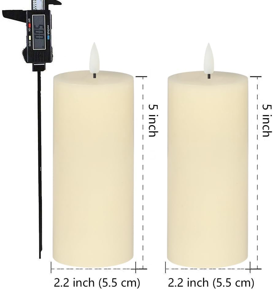 volnyus Flameless Candles Set of 2 (2.2x5 Inch) Flickering LED Wax Candles Battery Operated with Remote Control Timers for Fireplace Bedroom Livingroom Party Dimmable Ivory Pillars Flat top