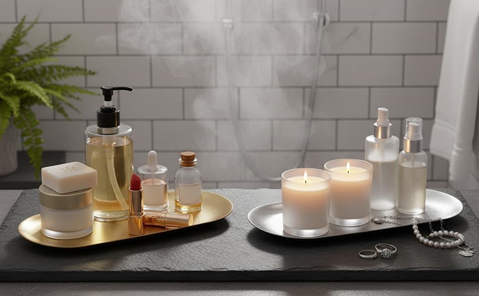 KUMGROT Candle Tray Stainless Steel Jewelry Tray Perfume Rings Keys Pillar Spherical Candles Oval Decorative Candle Holder for Bathroom Kitchen Dresser Gold 9 Inch