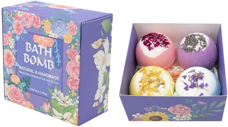 Bath Bombs for Women Relaxing-4 Natural and Organic Bath Bombs with Essential Oils & Moisturizing Shea Butter,Gifts for Her, Girls, Wife, Birthday and Christmas