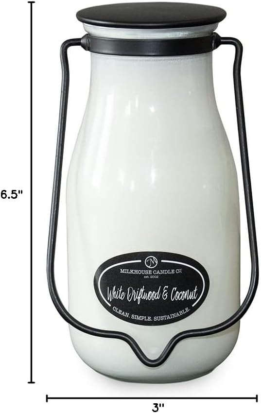 Milkhouse Candle Company White Driftwood & Coconut Soy Candle - Coconut Water | Mandarin Orange | Rosewater Scented - 14 oz Milkbottle with Lid, 90+ Hour Burn Time, Made in the USA
