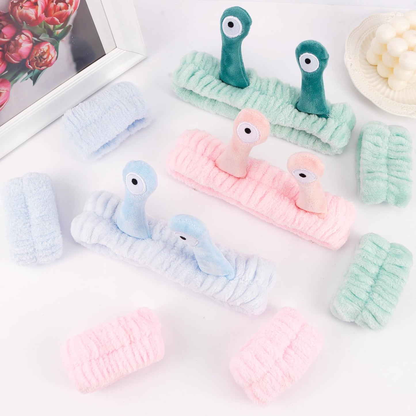 Atoden Snail Spa Headband and Wristband Set, Skincare Makeup Headband for Washing Face Cute Animal Spa Hair Bands for Women Girls Stocking Stuffers (Pink Blue Green)