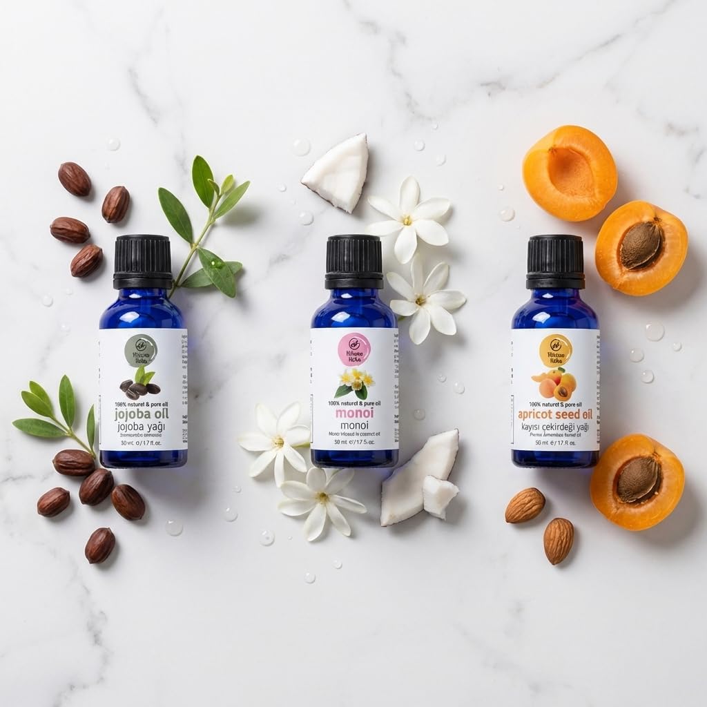 Jojoba Oil for Skin, Hair & Nails – Carrier Oils Set, Jojoba, Monoi & Apricot Kernel, 100% Pure Cold Pressed, Carrier Oil for Essential Oils Mixing, 1.7 fl oz Each, 3-Pack