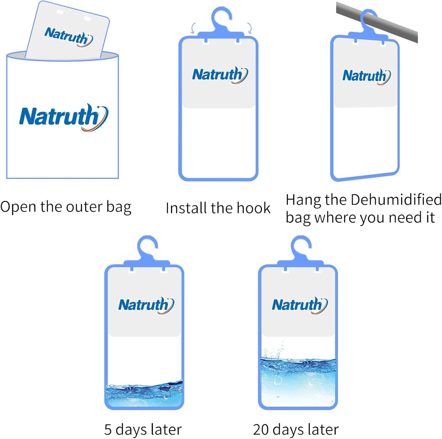 NATRUTH 12-PACK Moisture Absorber Bags With Fresh Linen,Desiccant Hanging Bag Use for Kitchen Bathroom Wardrobe, Eliminates Odors, Hanging Closet Dehumidifier Bags for Closet