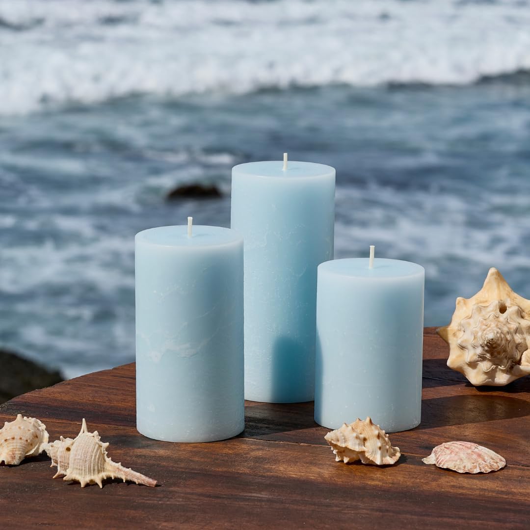 Blue Scented Pillar Candles Set of 3, 3x4, 3x5, 3x6 Light Blue Candles, Sea Salt and Driftwood Pilar Scented Candle, Ideal as Wedding, Parties, Spa, Dinner, Home Decor, Church