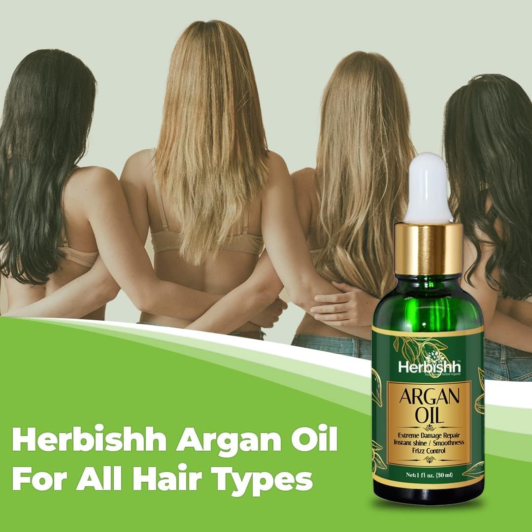 Herbishh Moroccan Argan Oil for Hair 30ml – Hair Serum for Frizz Control & Shine, Damaged Hair Treatment & Split End Repair, Heat Protectant Leave In Serum, Lightweight Non-Greasy Hair Growth Oil