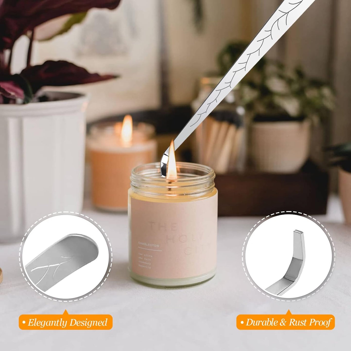 5Pcs Candle Accessory Set with Rechargeable Electric Lighter, Storage Tray, Wick Trimmer, Snuffer, Dipper - Stainless Steel Care Kit with Gift Package for Candle Lovers - Silver