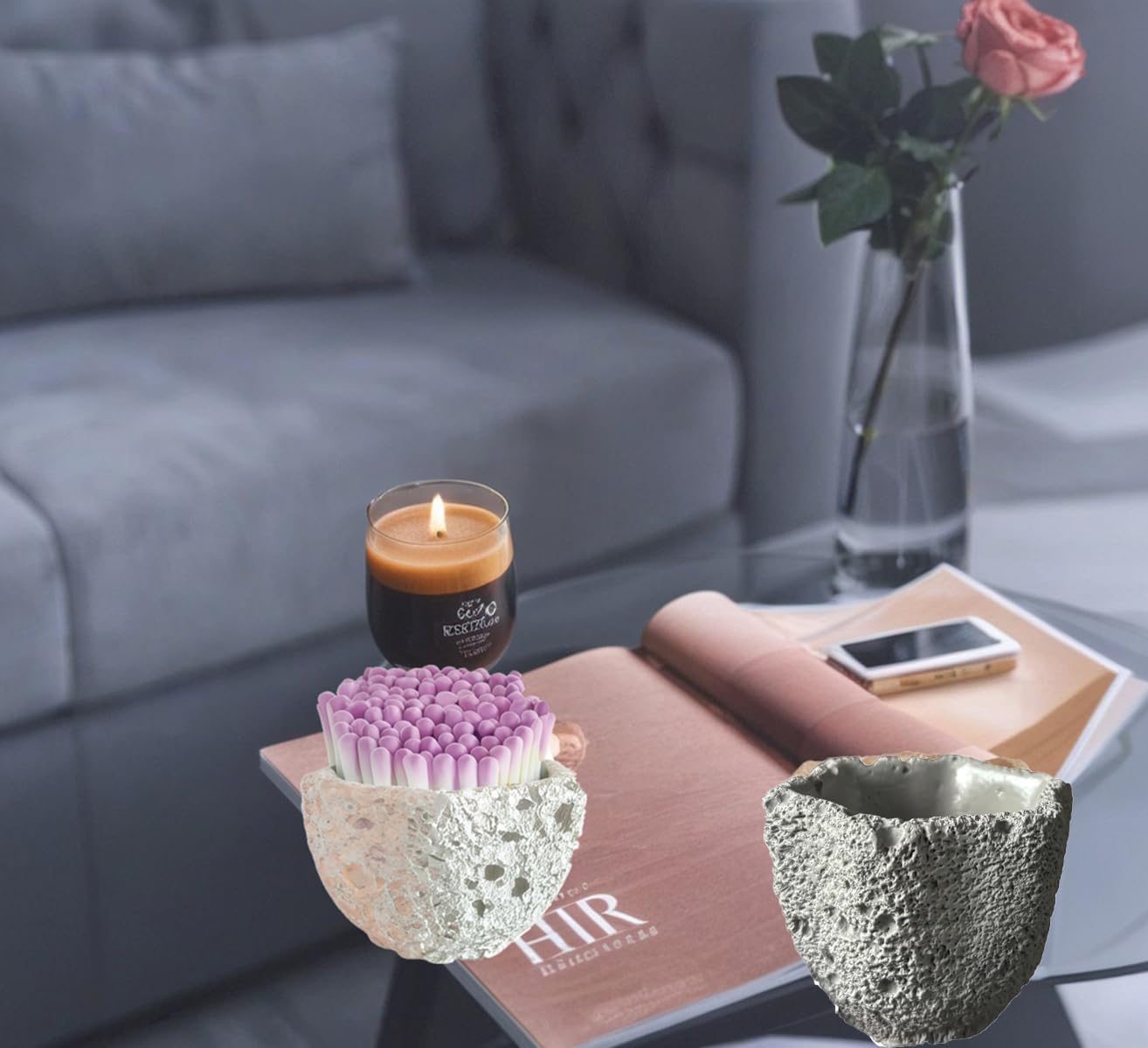 Handmade Concrete Match Holder, Petal Shape Design, Set of 2, Decorative Jar for Candle Matches, Modern Home Decor(matchs not Included)