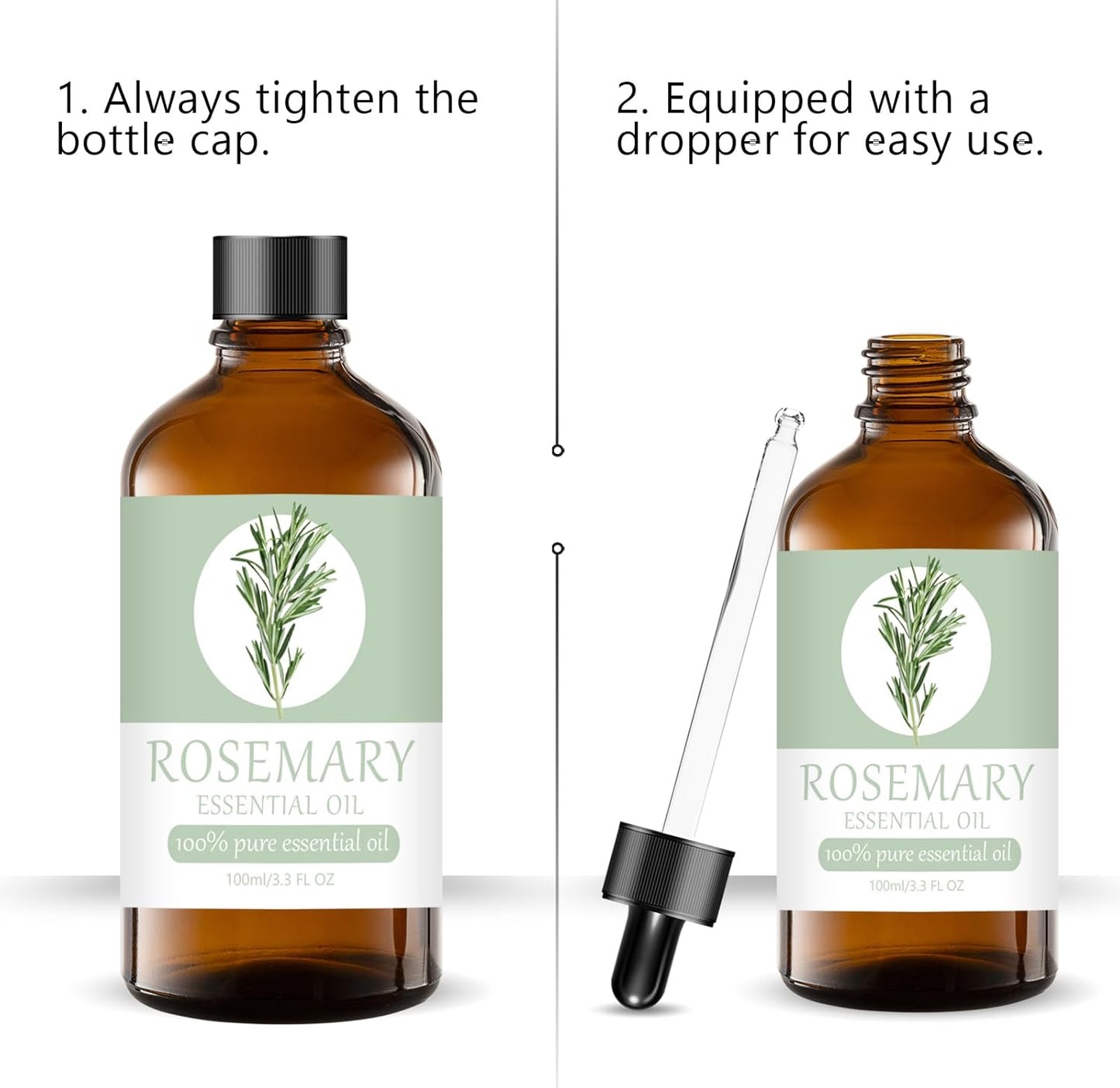 Rosemary Essential Oil 100% Pure & Natural Organic (3.3 Fl. Oz) for Humidifiers, Skin Care, Massage, Aromatherapy, Premium Delicate Grade with Glass Dropper for Air Freshening, Cleaning, Home