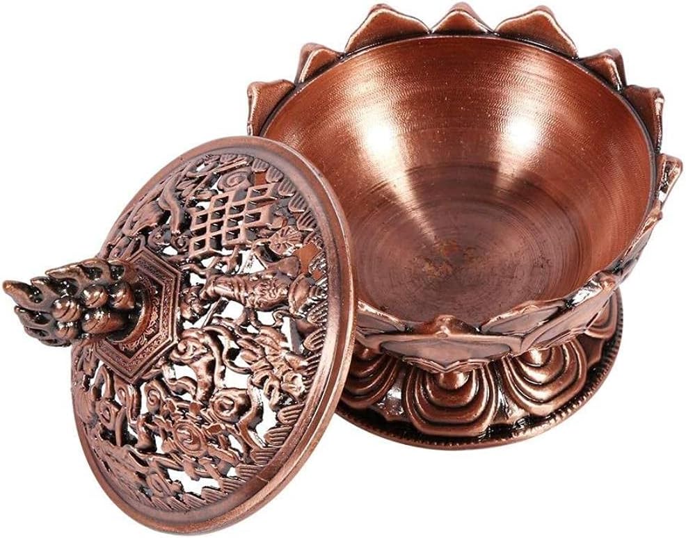 Incense Burner, Bronze Antique Chinese Asian Style Lotus Flower Incense Burner Pot Backflow Smoke Incense Burner Stick Cone Holder Zen Buddha Buddhist Meditation Decor Gift Set(Red Bronze)