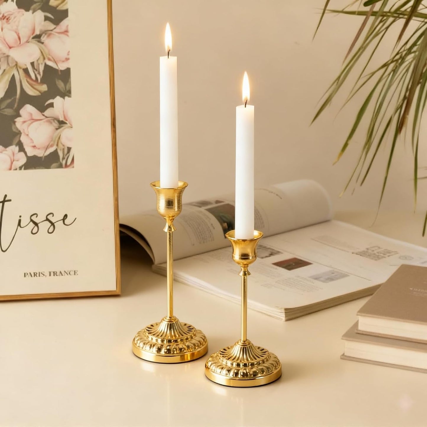 BEAHOT Gold Candle Holders, Set of 3 with Matching Candle Snuffer – Elegant Durable Non-Slip Candlestick Holders for Christmas Decorations Wedding Centerpiece, Dining Table & Home Gift Display