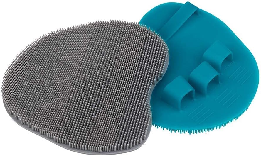 2 Pack Soft Silicone Shower Brush, Body & Face & Short Hair Wash, Bath Exfoliating Skin Massage Scrubber, Dry Skin Brushing Glove Loofah, Fit for Sensitive and All Kinds of Skin (Blue+Gray)