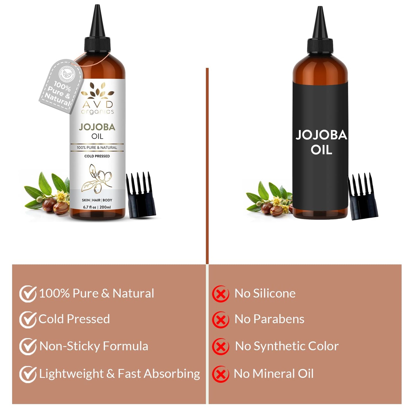 AVD ORGANICS Jojoba Oil for Skin | 100% Pure (6.7 fl oz) Cold Pressed Unrefined Hexane Free | Moisturizing for Face, Hair, Skin & Nails | 200ML