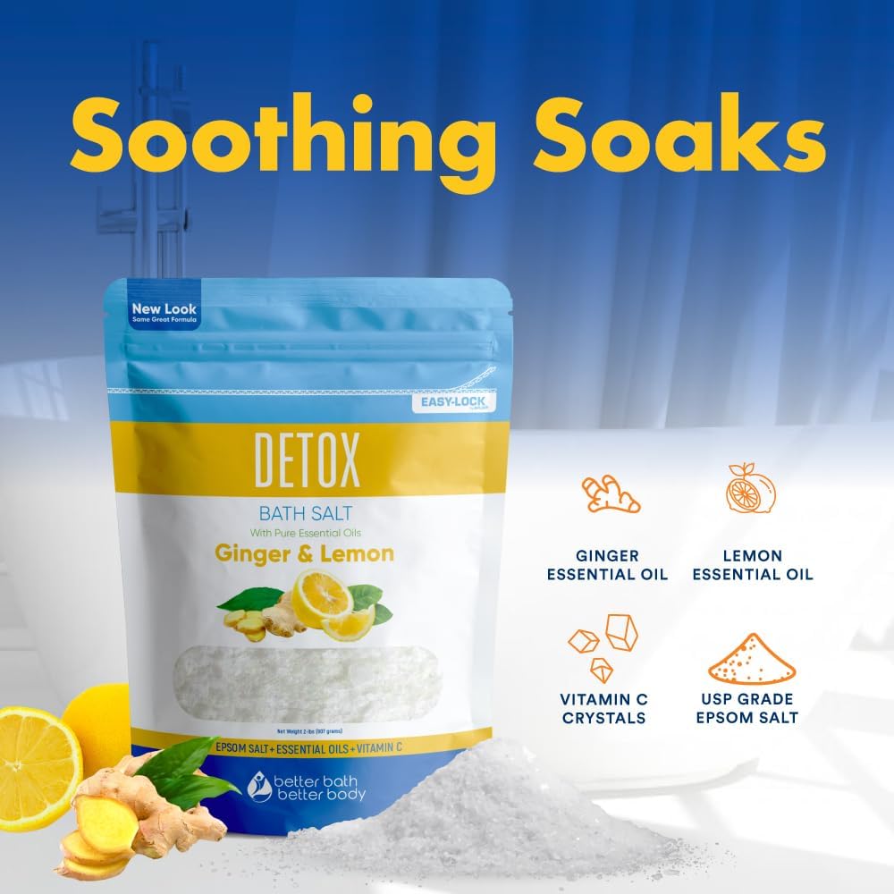 Detox Bath Salt 32 Ounces (2 Lbs) USP Grade Epsom Salt with Natural Ginger and Lemon Essential Oils Plus Vitamin C in BPA Free Pouch with Easy Press Lock Seal Made in USA