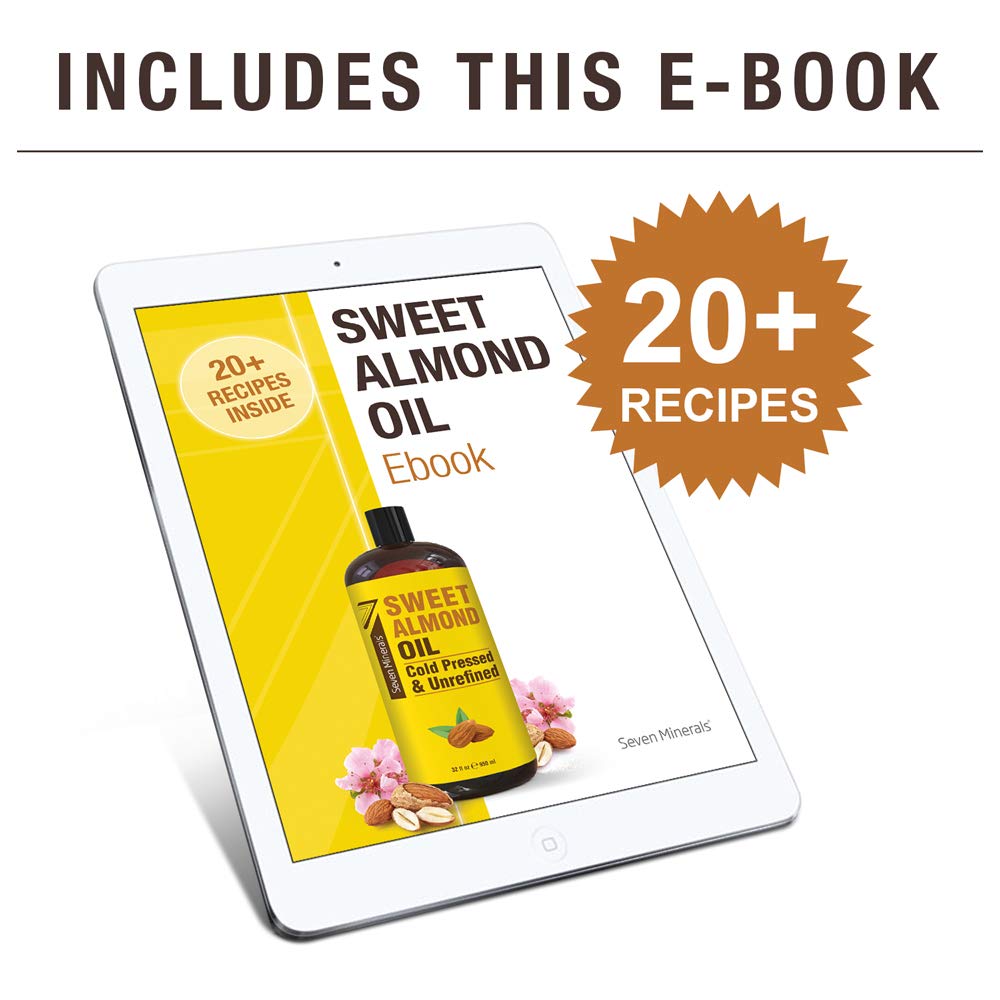 Seven Minerals, Pure Cold Pressed Sweet Almond Oil - Big 32 fl oz Bottle - Unrefined &100% Natural - For Skin & Hair, with No Added Ingredients - Perfect Carrier Oil for Essential Oils