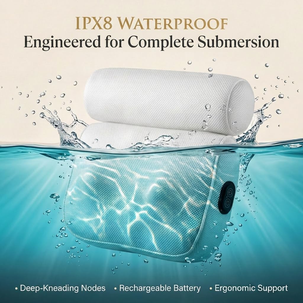 MONET Massaging Bath Pillow — Shiatsu Neck and Back Massager for Tub with 2 Speeds — IPX8 Waterproof Deep Kneading Comfort — 4 Massage Nodes USB-C Rechargeable — Spa Gift for Women — Fits All Tubs