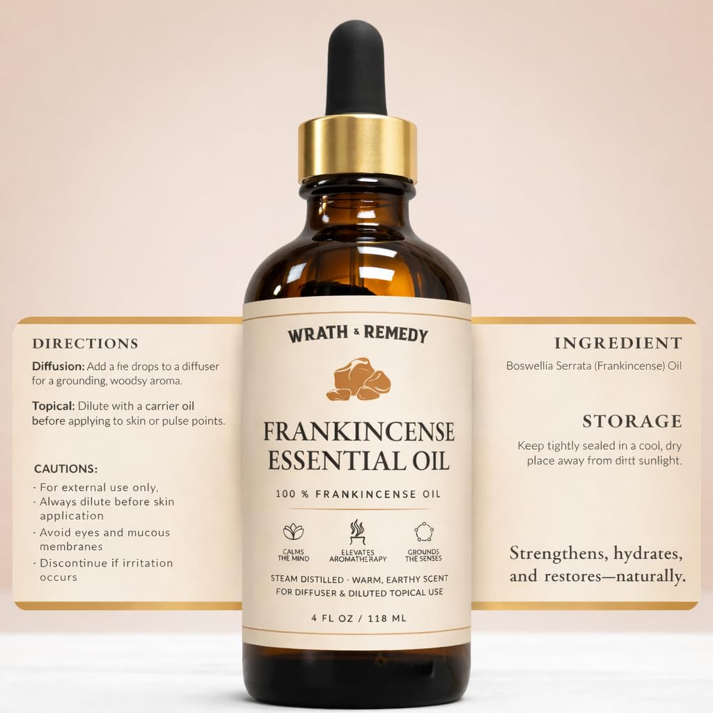Organic Frankincense Essential Oil — USDA Certified, Premium Steam-Distilled & Undiluted Boswellia Resin — 100% Pure Frankincense Oil for Skin, Aromatherapy, Diffuser & More (Amber Glass Bottle, 4OZ)