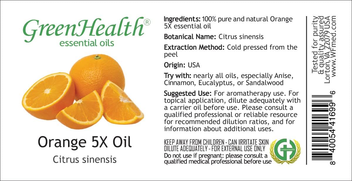 GreenHealth Orange 5 Fold - 1 fl oz (30 ml) Glass Bottle - 100% Pure Essential Oil