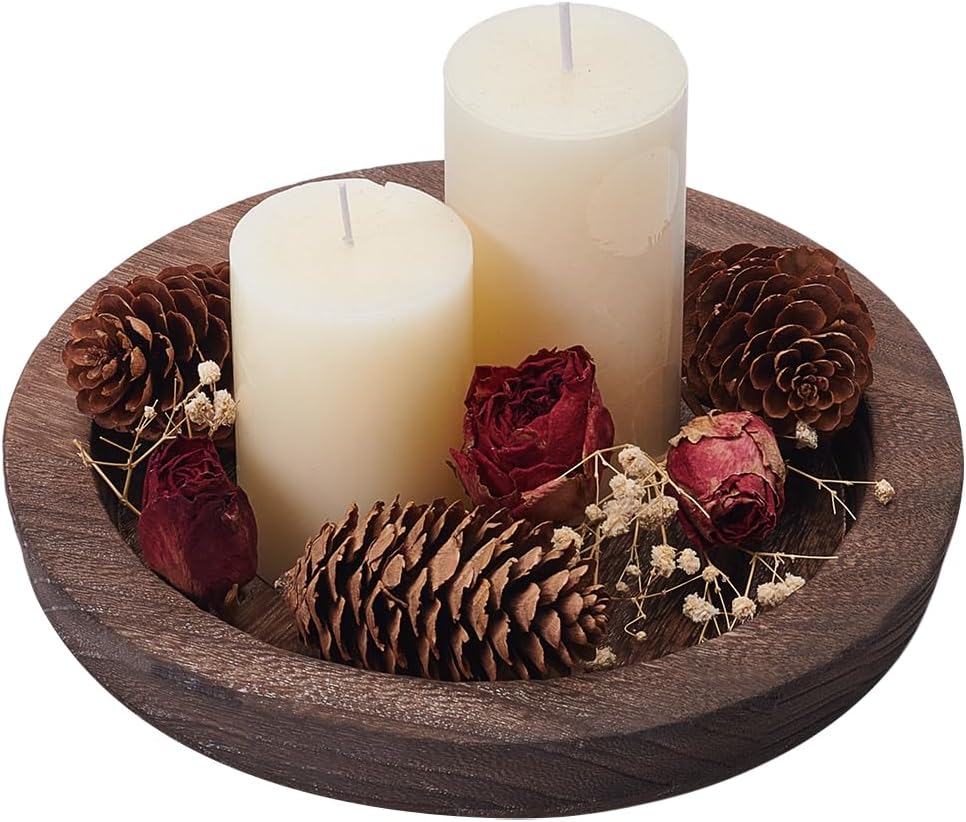 WADORN Wooden Decorative Tray Candle Holder, Round Wood Tray Home Decor for Farmhouse Kitchen Rustic Wooden Tray Candle Holder for Wedding Countertop Bathroom Coffee Christmas Table Decor, 8 Inch