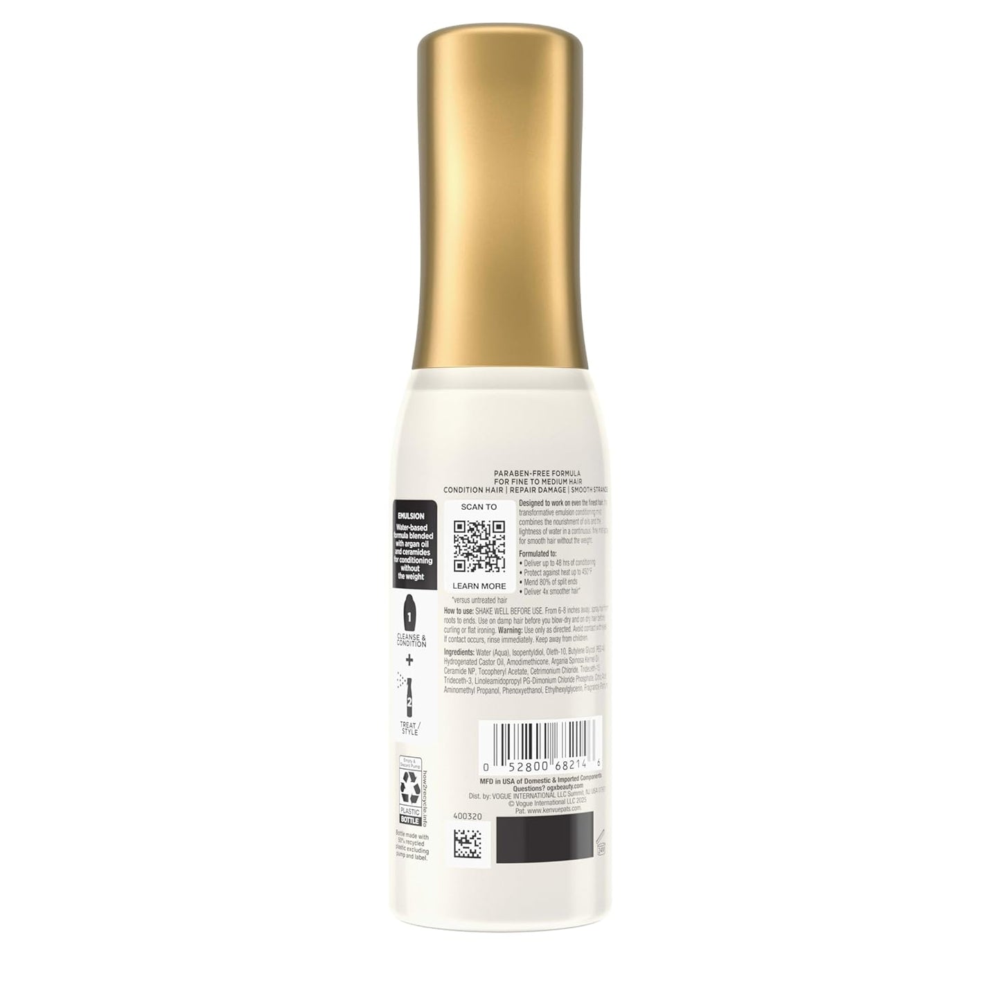 OGX Smooth Emulsion + Argan Oil Conditioning Hair Mist, Damage Repair Spray with Ceramides for 4x Smoother Hair* for up to 48 Hours Without the Weight, 450°F Heat Protection, 6.5 fl. oz
