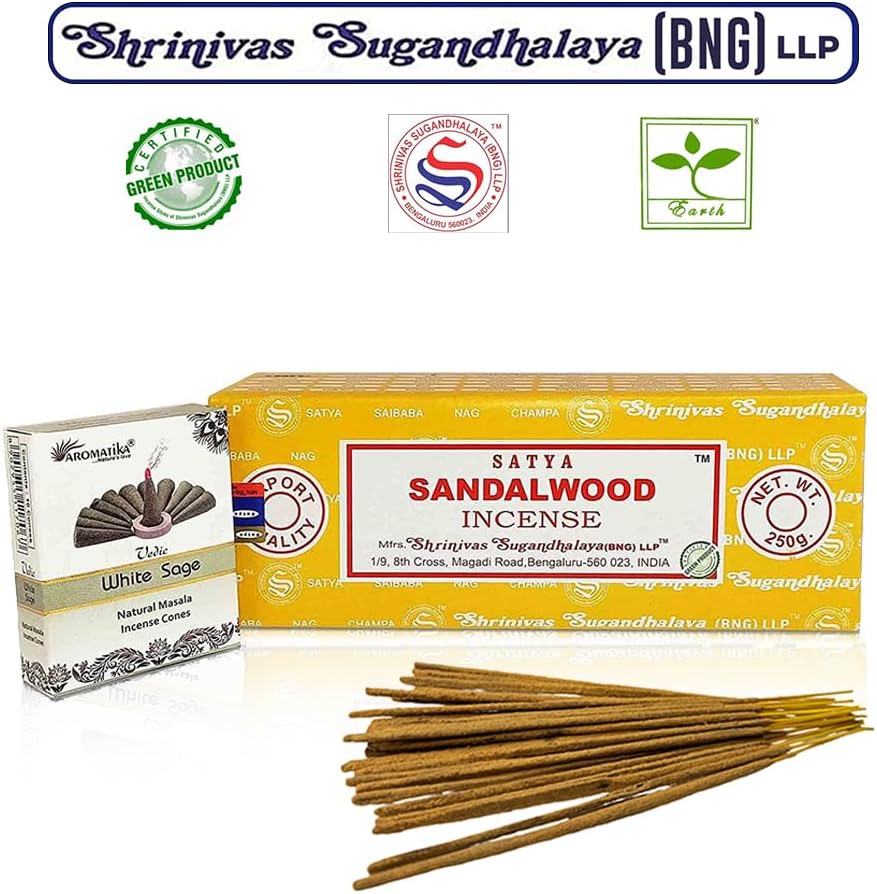 Satya Sai Baba Satya Sandalwood 250 gm Incense Sticks with Free Vedic White Sage Natural Incense Cones (Agarbatti Box 250 Grams All Sticks for Refinement, Concentration and Serenity)