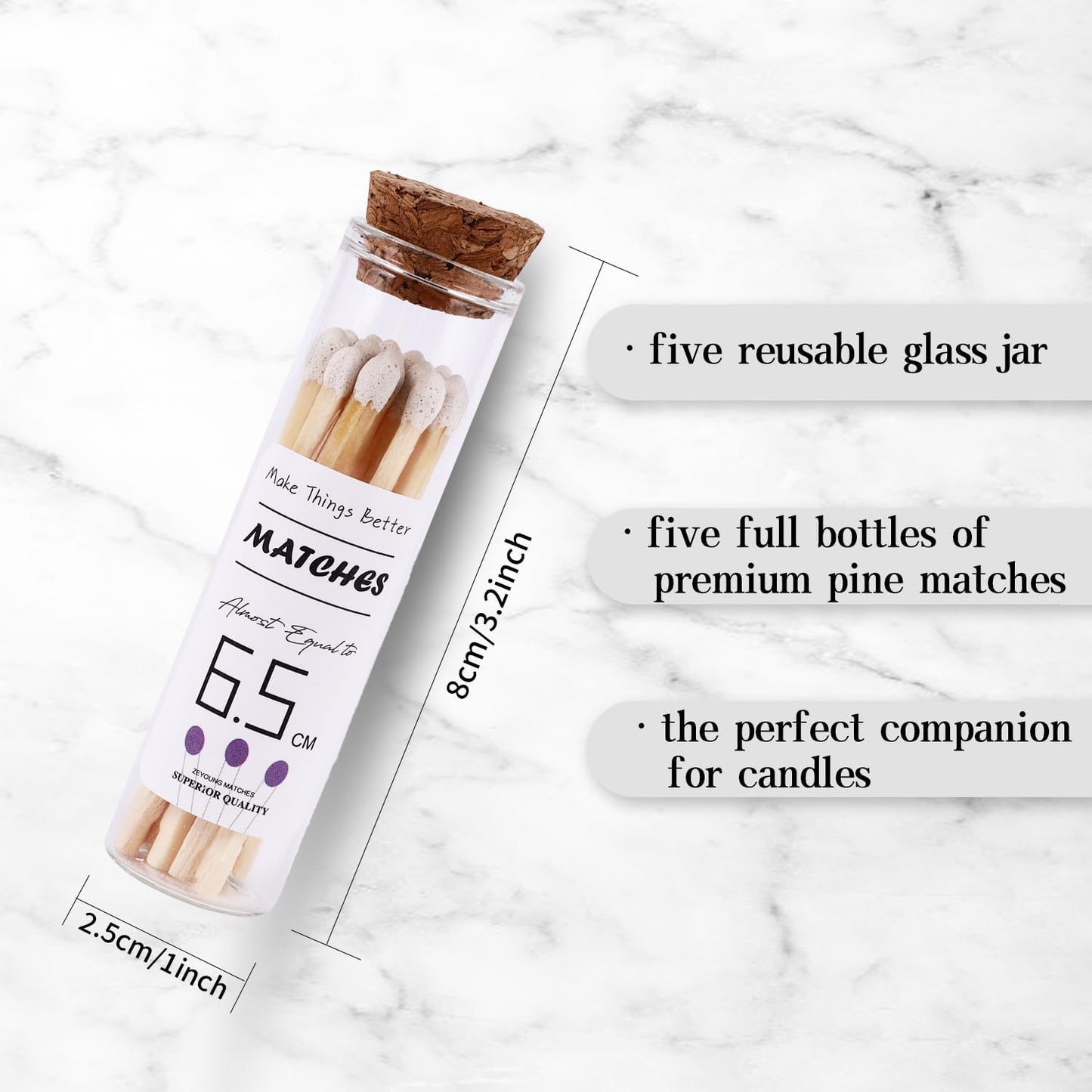 2.55"/6.5cm White matches Included with 5 Match Holder, 5 Count match Bottles with Candle Matches in a Jar, Long Fireplace for Grill Fireplace BBQ, 100Pcs Long Wooden Matchsticks for Custimiz Events