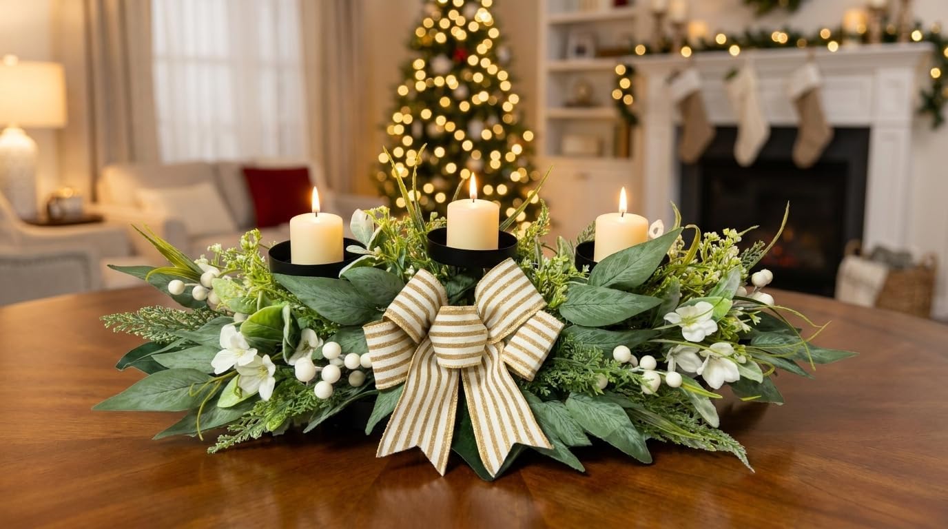 Svndlyn 26 Inch 3 Candle Holder Centerpiece with Greenery and Striped Bow | Faux Greenery, White Flowers, Berries and Eucalyptus Leaves for Table Mantel and Holiday Decor
