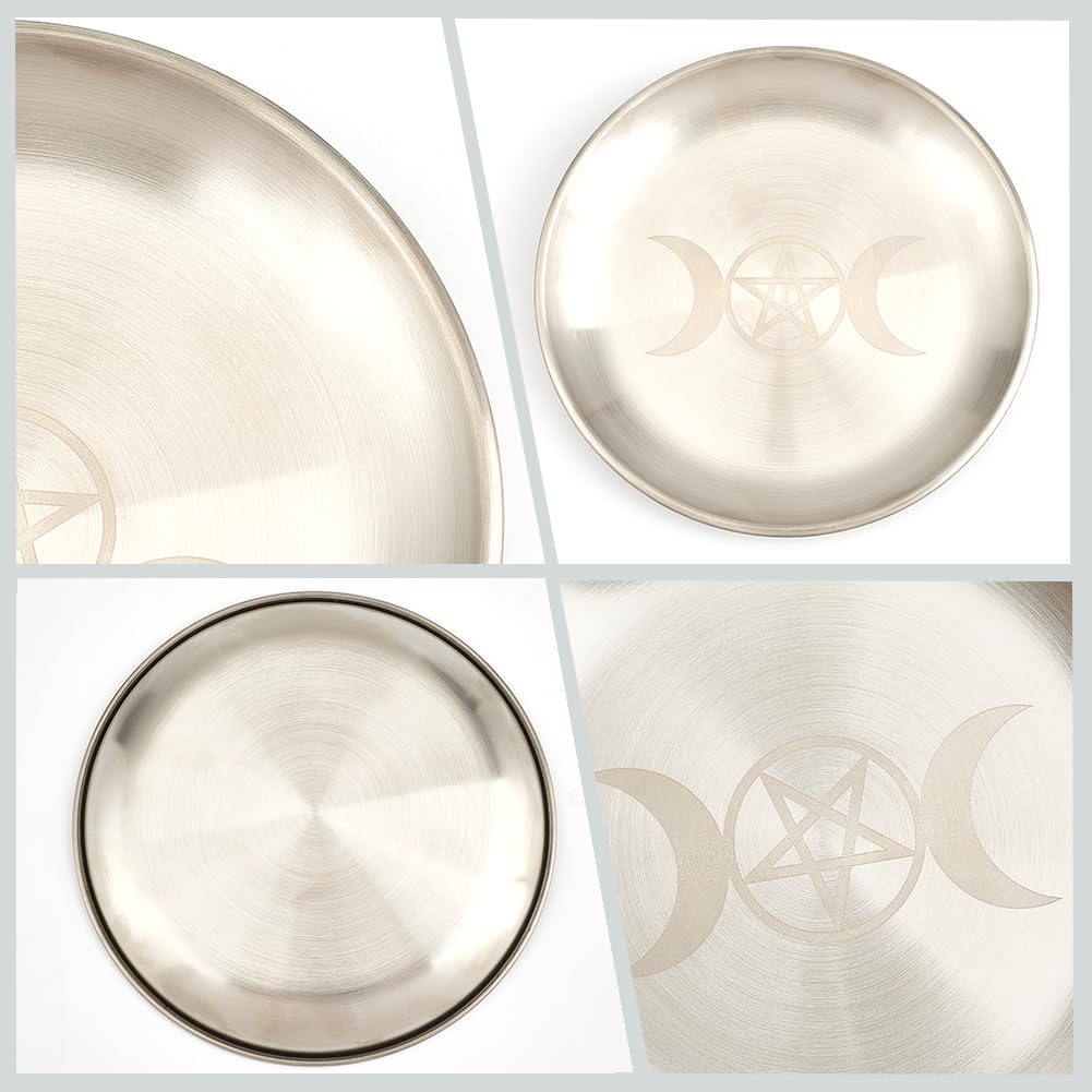 CREATCABIN Moon Ritual Plate Altar Plate Stainless Steel Flat Bowl Round Tray Prayer Offering Bowl Dish Candle Holder for Smudging Incense Burner Meditation Tarot Jewelry Dowsing Divination 5.55Inch