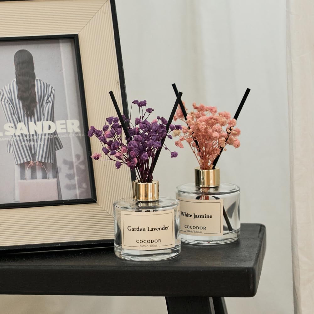 COCODOR Real Flower Reed Diffuser Set of 3/Black Cherry,Lemon Eucalyptus,Garden Lavender/1.6oz Each Pack/Home Fragrance Diffuser, Oil Scent Diffuser for Bathroom Shelf Decor