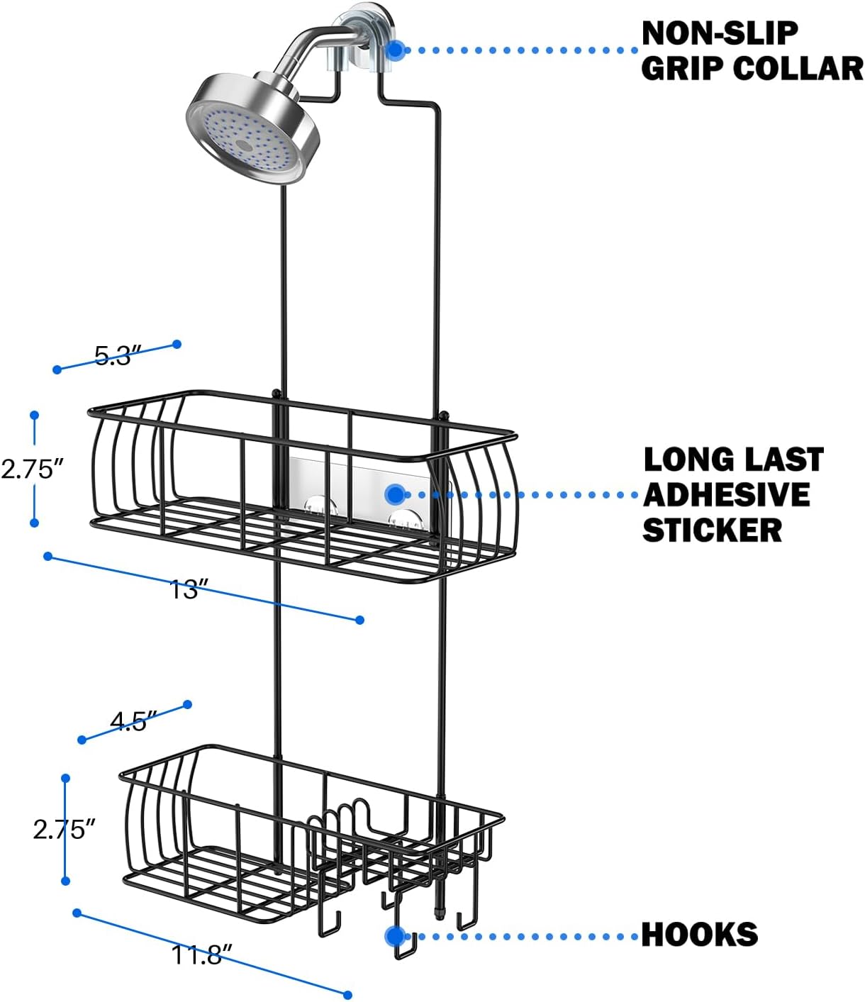 Epicano Shower Caddy Hanging Over Head, Matte Black,Stainless Steel | Rustproof,4 Hooks for Towels,Sponge and & Bathroom Accessories,Anti-Swing Suction Cups & Adhesive hooks