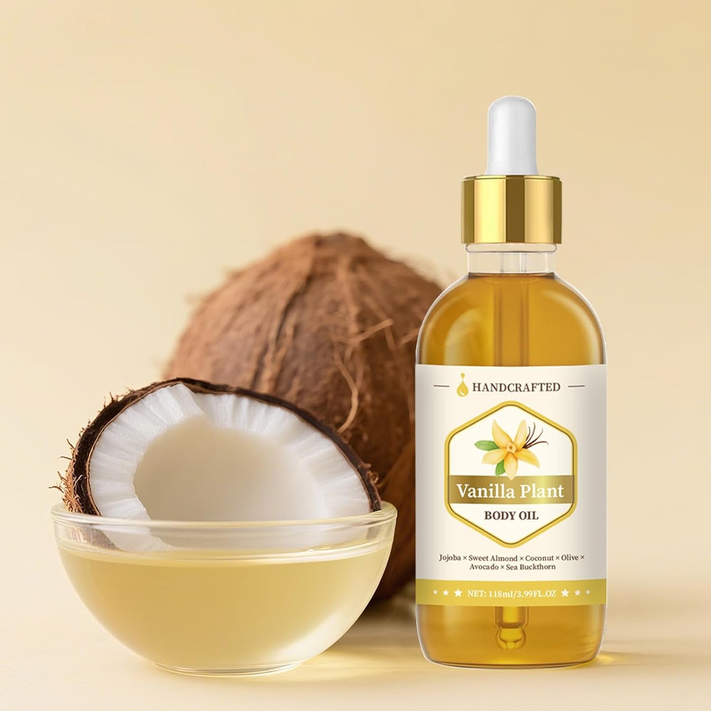 Handcrafted Vanilla Body Oil – 118 mL (3.99 fl oz) Hydrating Plant‑Oil Blend of Jojoba, Sweet Almond, Coconut & Sea Buckthorn for Skin & Hair