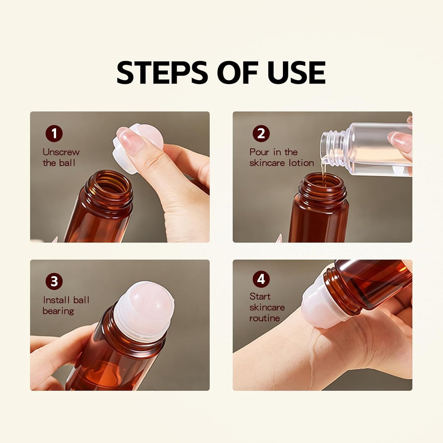 Rose Quartz Refillable Roller Ball Applicator for Essential Oils 50ml, Amber Glass Roll on Bottle, Leak-Proof Oil Roller Bottle, Ideal for Travel and Personal Care 2pcs