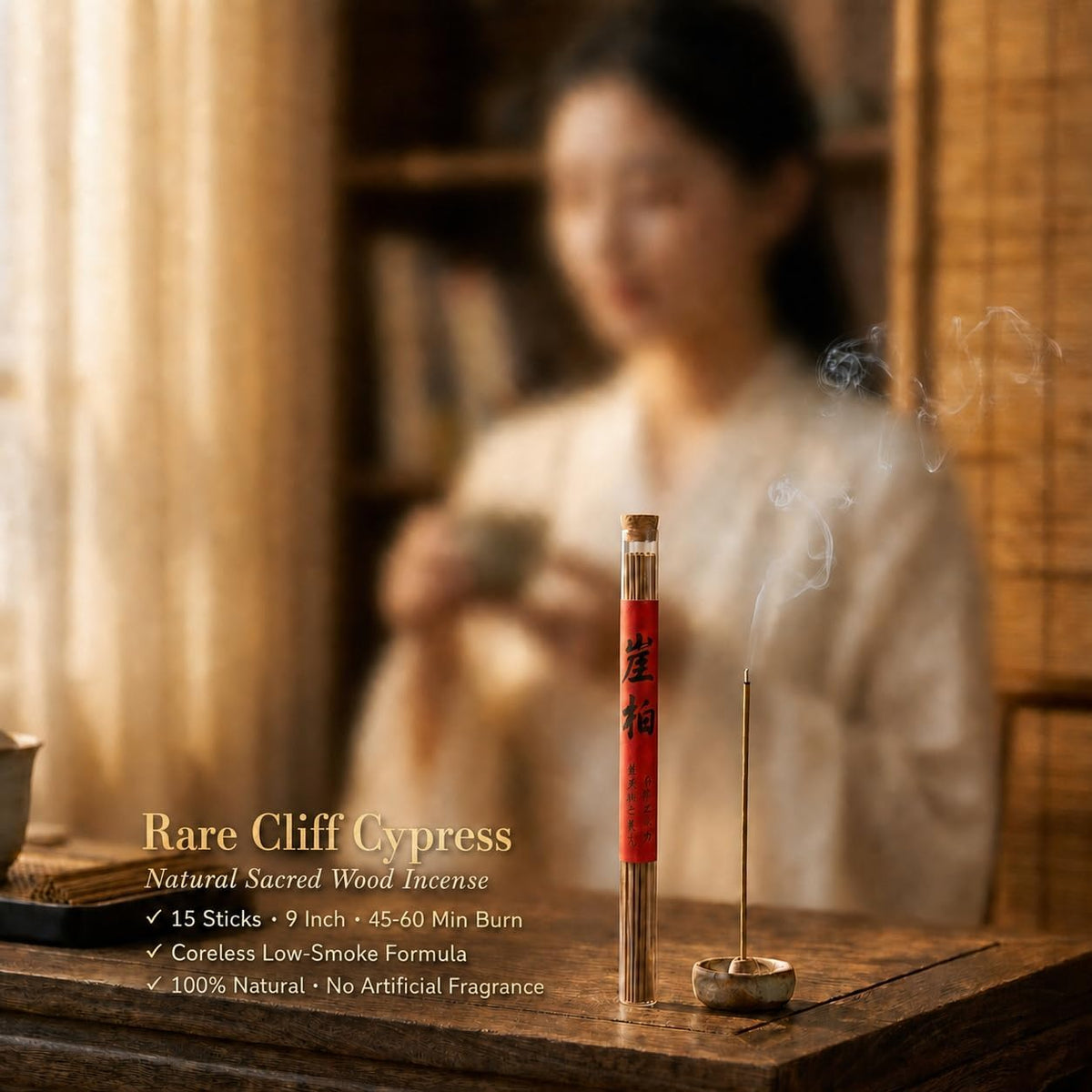 15 Sticks Rare Cliff Cypress Incense – Natural Hinoki-Style, Low Smoke, Woody Aromatherapy for Meditation, Yoga & Home Spa