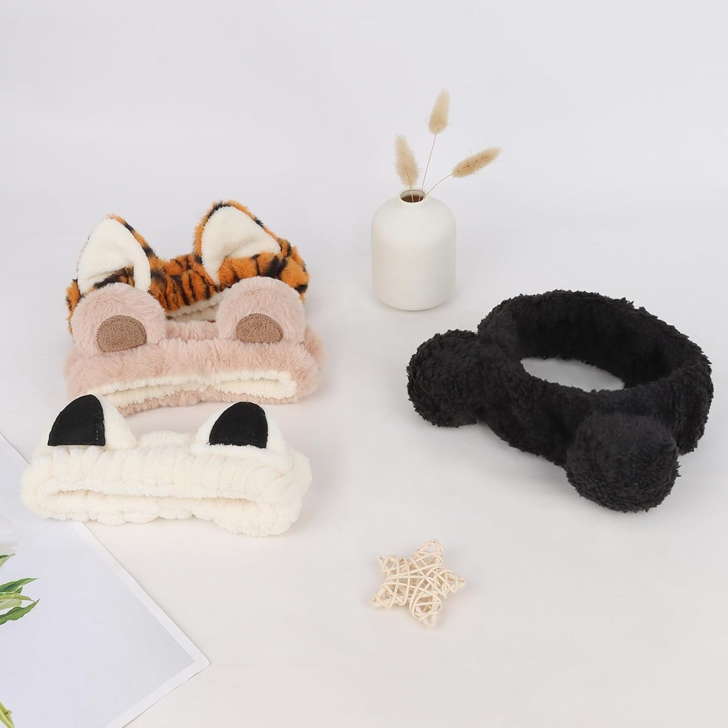 YISSION 4 PCS Plush Animal Headbands for Women & Girls, Cute Fuzzy Spa Headbands with Ears (Bear, Tiger, Cat Styles), Soft Elastic Hair Bands for Washing Face, Makeup, Skincare, Daily Wear
