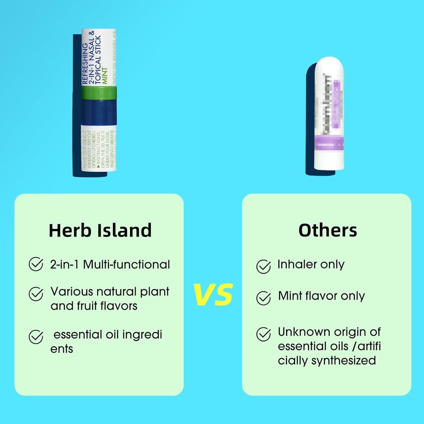 Herb Island 2-in-1 Nasal Stick Inhaler & Essential Oil Topical Rub, Refreshing Nose Inhaler Stick, VapoInhaler Wake Up Stick for Focus & Clear Breathing (3PC Mint)