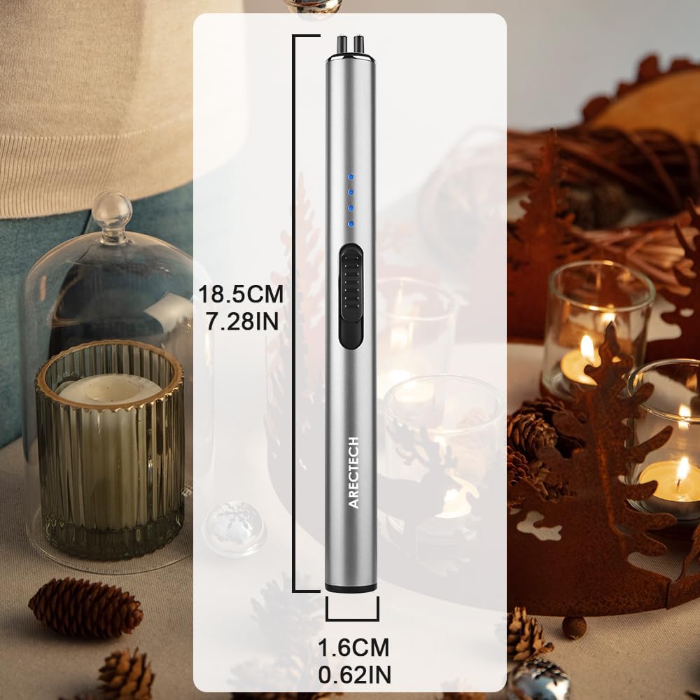 ARECTECH Electric Candle Rechargeable Lighter Arc Plasma Lighters for Candle Kitchen Camping Christmas Type-C Silver