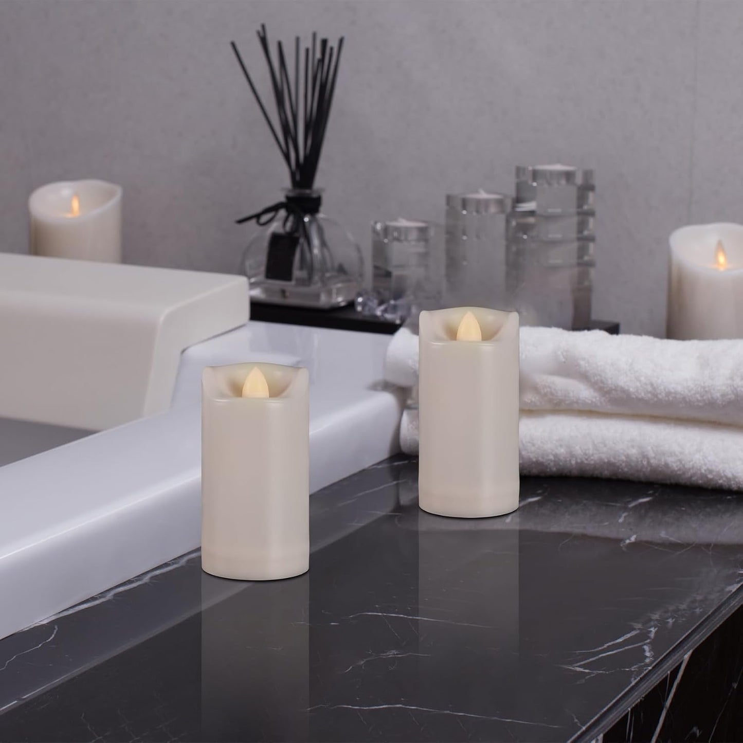 2" X 4" Battery Operated Flameless Candles with Timer, Waterproof Outdoor Flickering LED Pillar Candles for Home, Wedding Decoration, Slim Tall, Ivory Plastic, 2 Pack