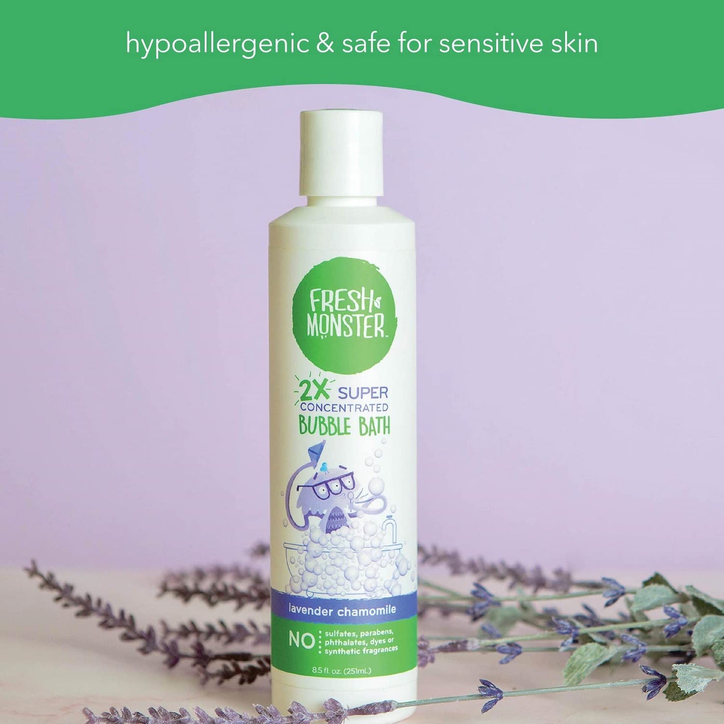 Fresh Monster Kids Foaming Bubble Bath | Hypoallergenic, Natural for Kids & Toddlers | Super Concentrated | Soothing Lavender Scent | Bath Time Essentials