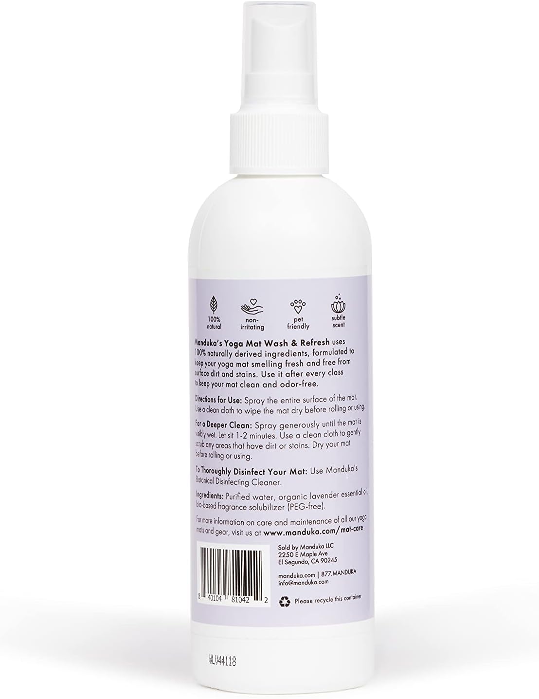 Manduka Yoga Natural Mat Wash and Refresh - 100% Natural, Essential Oils, Non Irritating, Pet Friendly, Fresh Scent, Lavender, 8oz (227ml)